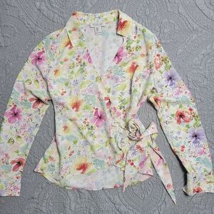 Rachel Zoe Blouse Top Small Faux Wrap White Bright‎ Floral Long Sleeve